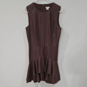 Shoshanna Sz 8 Bristol Faux-Leather Ruffle-Hem Mini Dress Mocha Brown